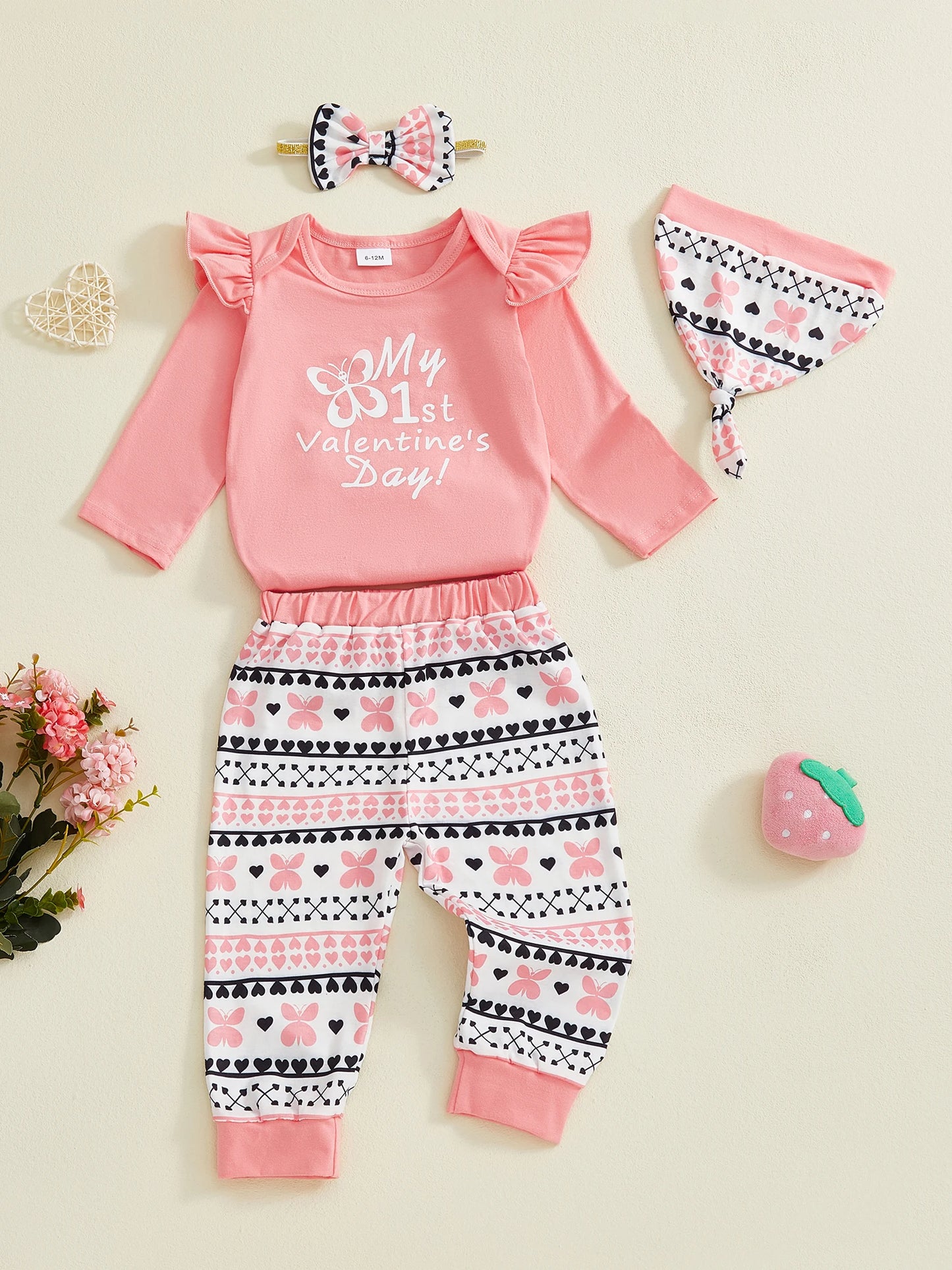 Newborn Baby Girls Boys Valentine's Day Outfit Set - Letter Print Romper with Butterfly Pants & Accessories 0-12M