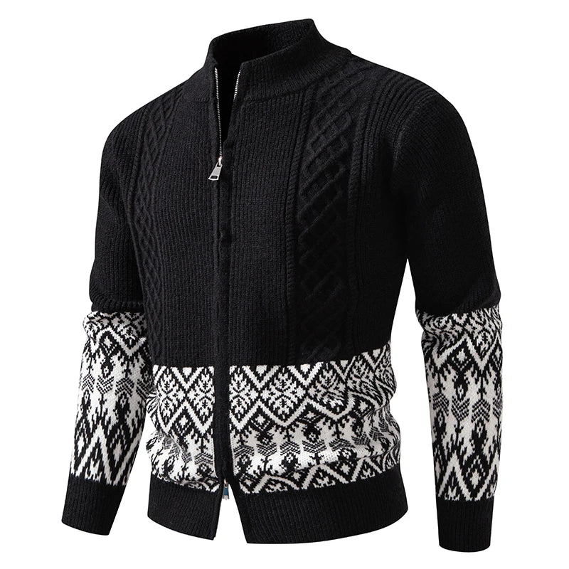 Men's Patchwork Knit Cardigan - Stand Collar Warm Sweatercoat for Autumn Winter
