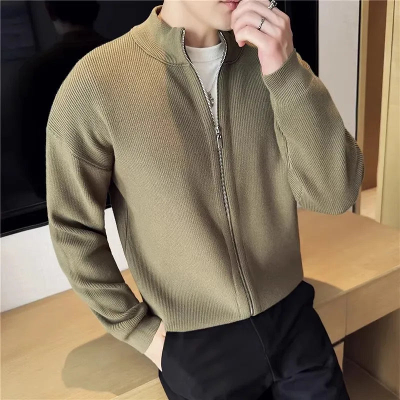 Men's Slim Fit Stand Collar Cardigan - Autumn Winter Zip-Up Knitted Sweater