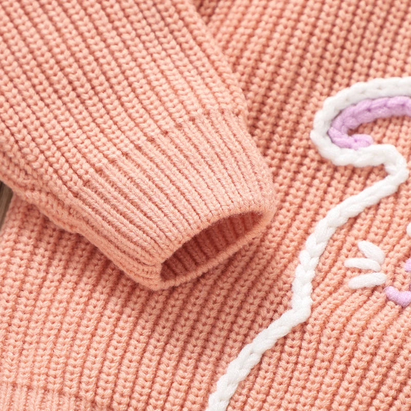 0-3Y Baby Girls Easter Sweater Rabbit Embroidery Long Sleeve Crew Neck Knitwear Pullover Outwear