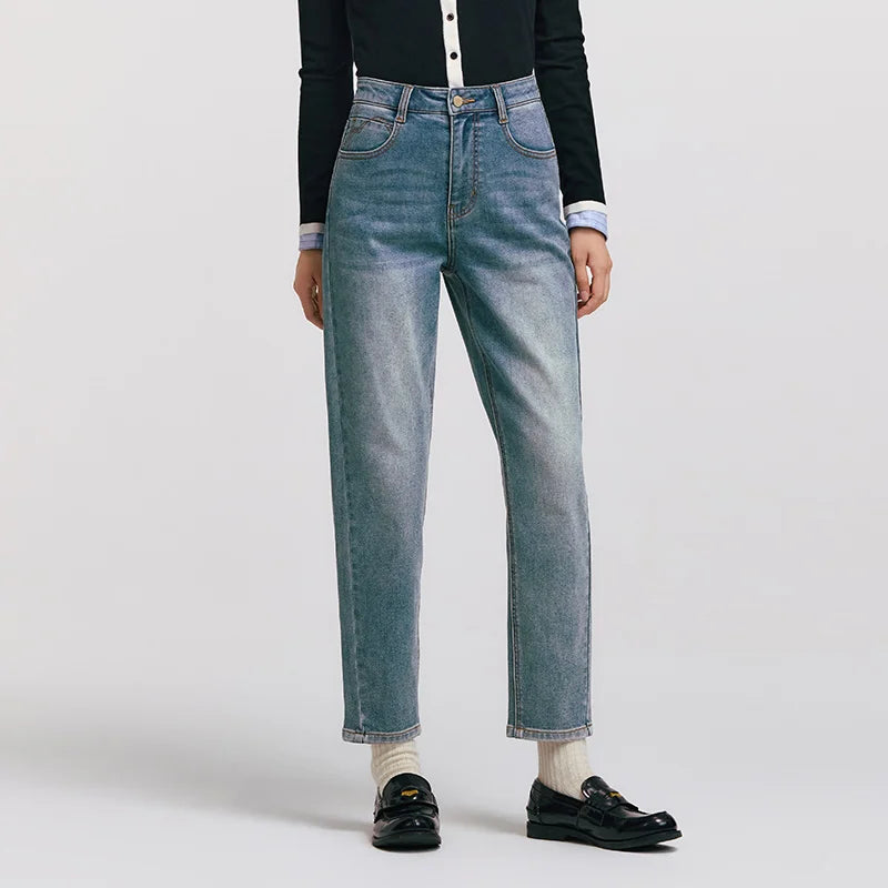 Women's Vintage Washed Tapered Jeans - Brushed Denim Loose Long Fit Winter Pants