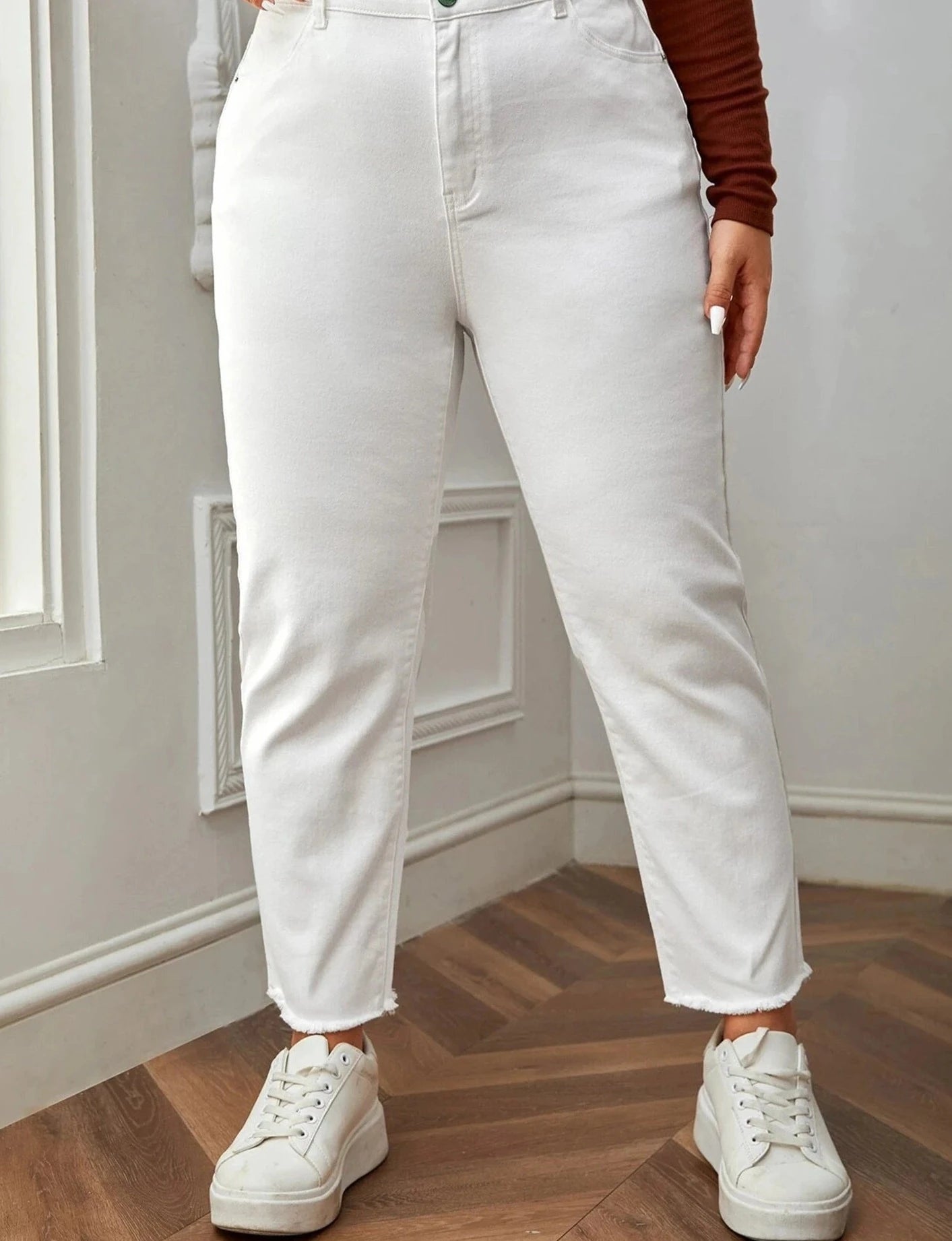 Women Plus Size White  Full Length High Waist Stretchy Denim  Jeans