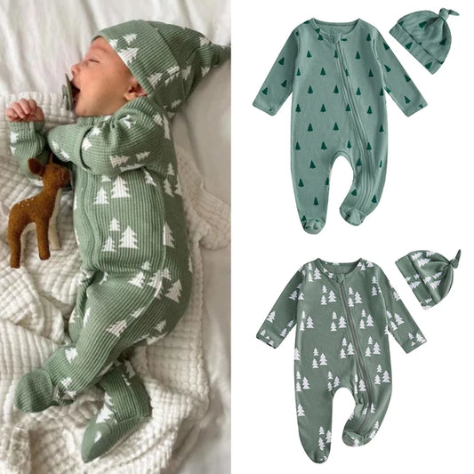 Newborn Christmas Romper Set with Hat - Xmas Tree Print Zip-Up Footed Jumpsuit