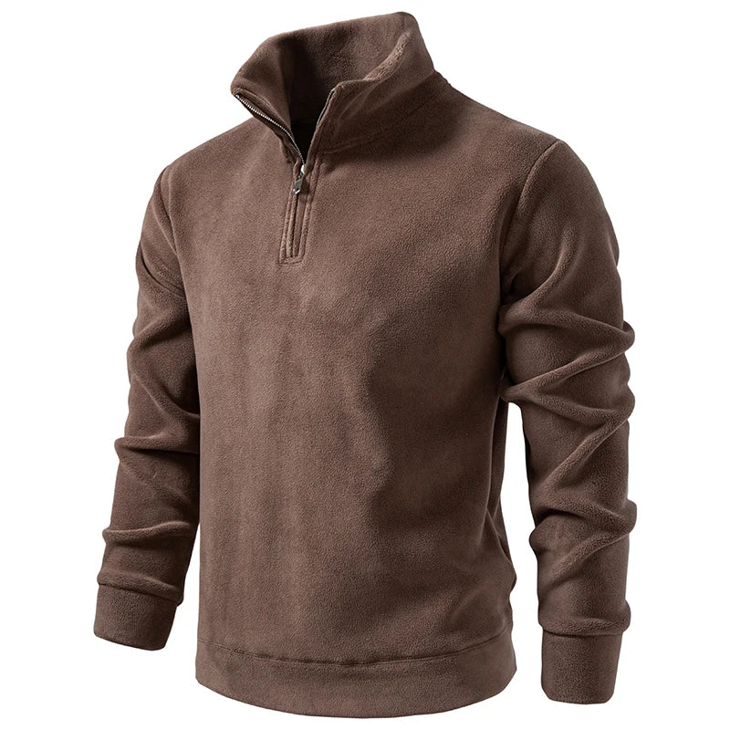 Men's Half Zipper Fleece Stand Collar Hoodie Solid Color Warm Loose Pullover