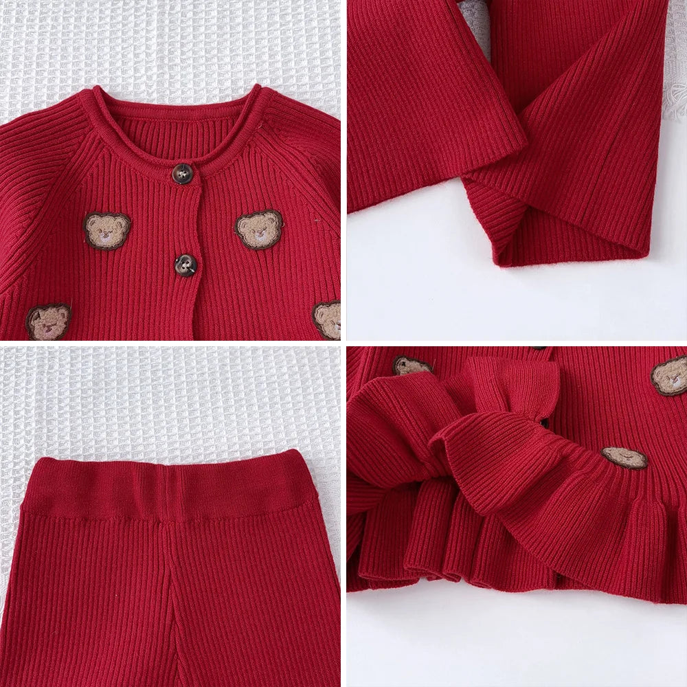 Christmas Red Teddy Bear Knitted Sweater and Pants Set - Girls Winter Outfit