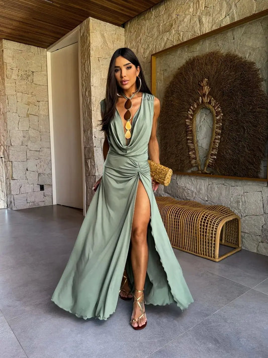 Women's Chiffon Metallic Cut-Out Dress - V-Neck Backless Halter with Ruched Detail