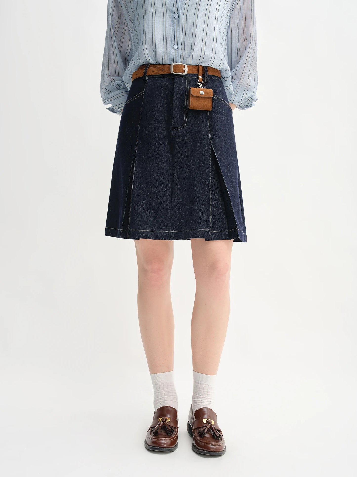 High Waist A-Line Denim Skirt - Contrast Colour Retro Style