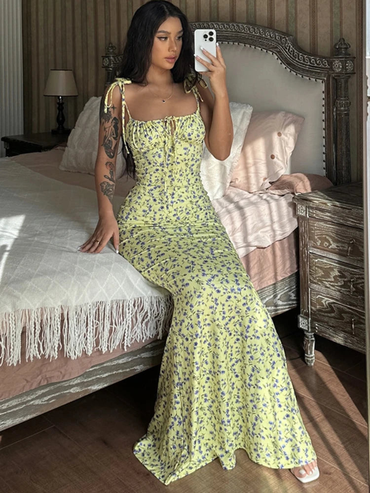 Women's Floral Off Shoulder Lace Up Deep V Neck  Long Dress