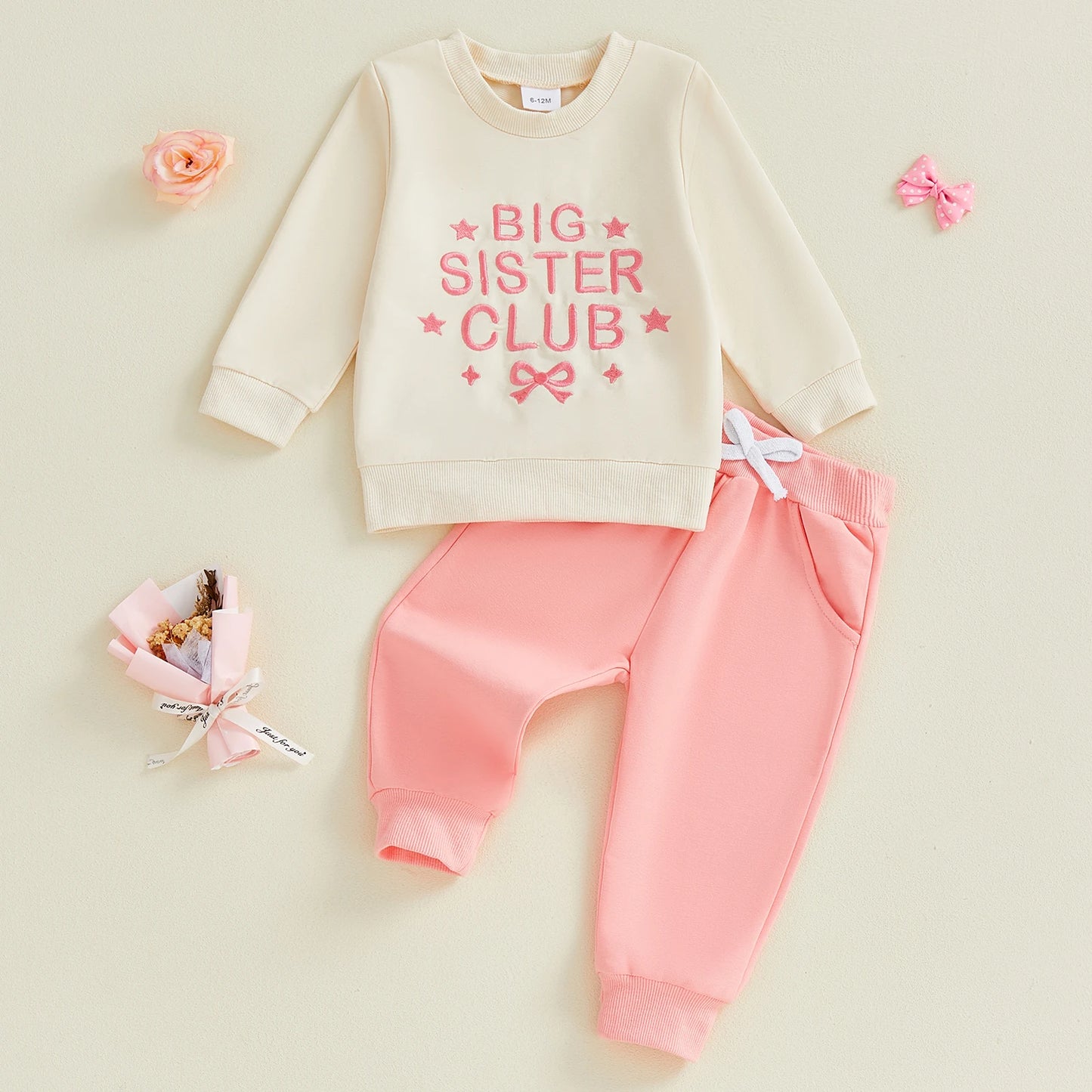 Toddler Baby Girls Fall Winter Outfit Set - Star Bow Embroidery Sweatshirt & Pants 0-3Y