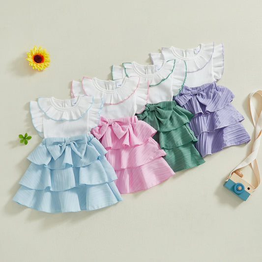 0-4Y Kids Girls Summer Ruffles Fly Sleeve Doll Collar Bow Front Layered Knee Length Dress