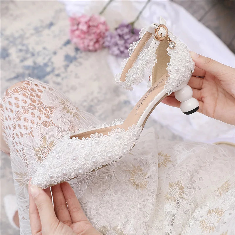 Women's 5cm Round Heel Shaped Heel Pearl Sandals