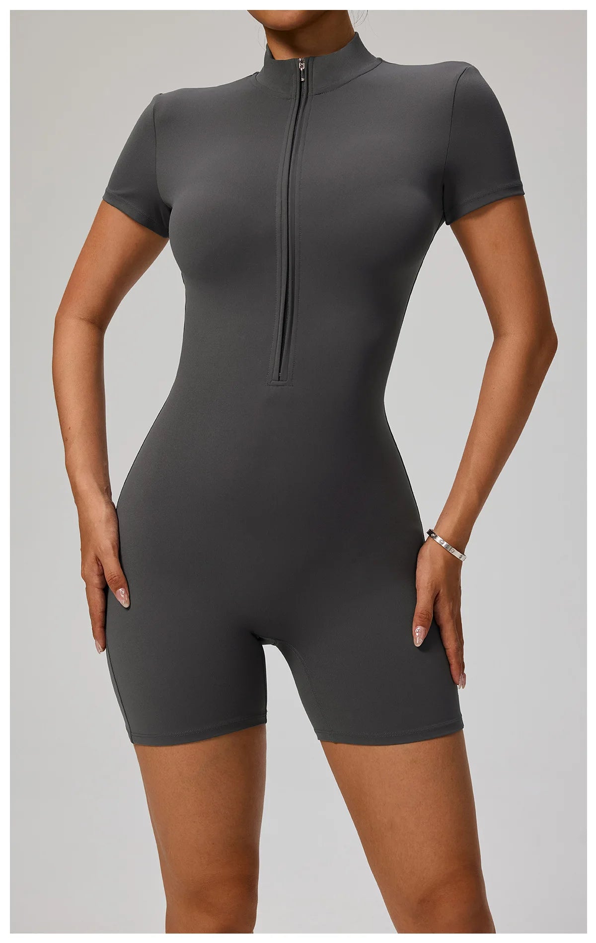 Zipper Front Jumpsuit - Short Sleeve Nylon Workout Set for Gym & Yoga