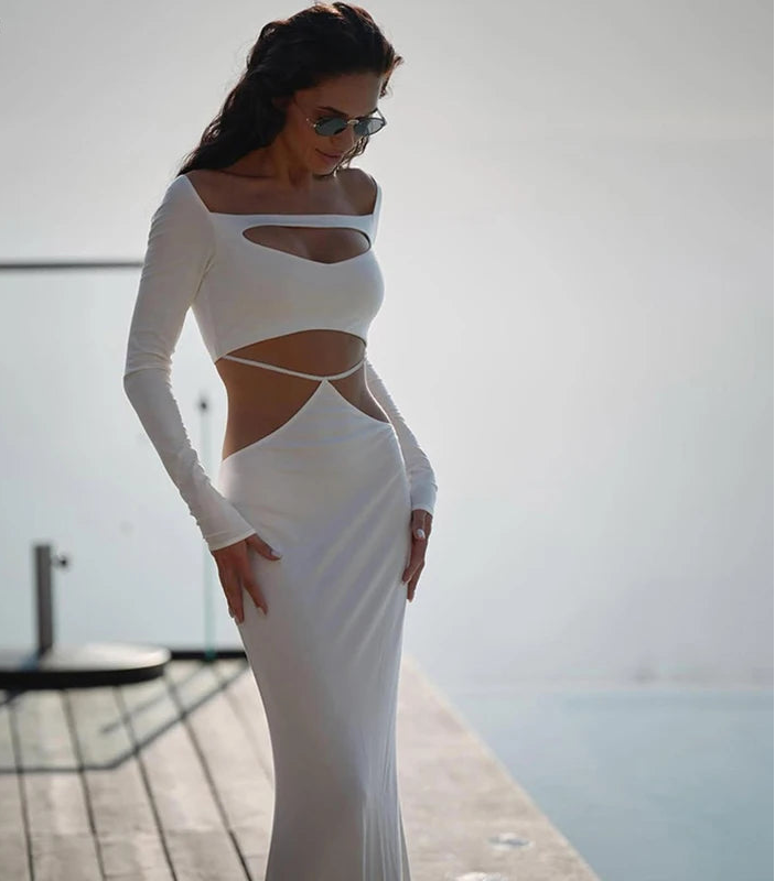 Women's Off Shoulder Cut Out Maxi Dress - Bandage Long Sleeve Gown