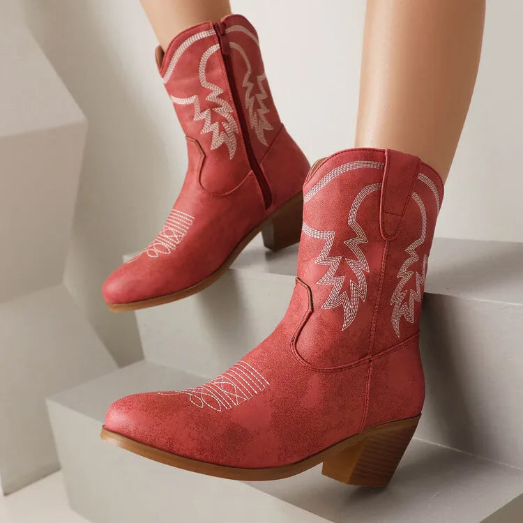 Totem Embroidered Ankle Boots - Pointed Toe Chelsea Boots with 6cm Wedge Heel