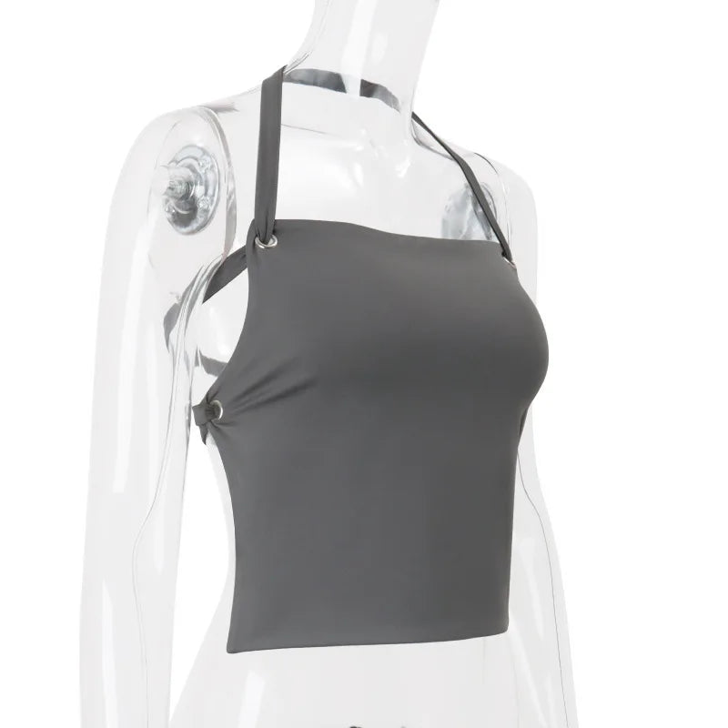 Women's Grey Bandage Halter Crop Top - Backless Summer Club Top