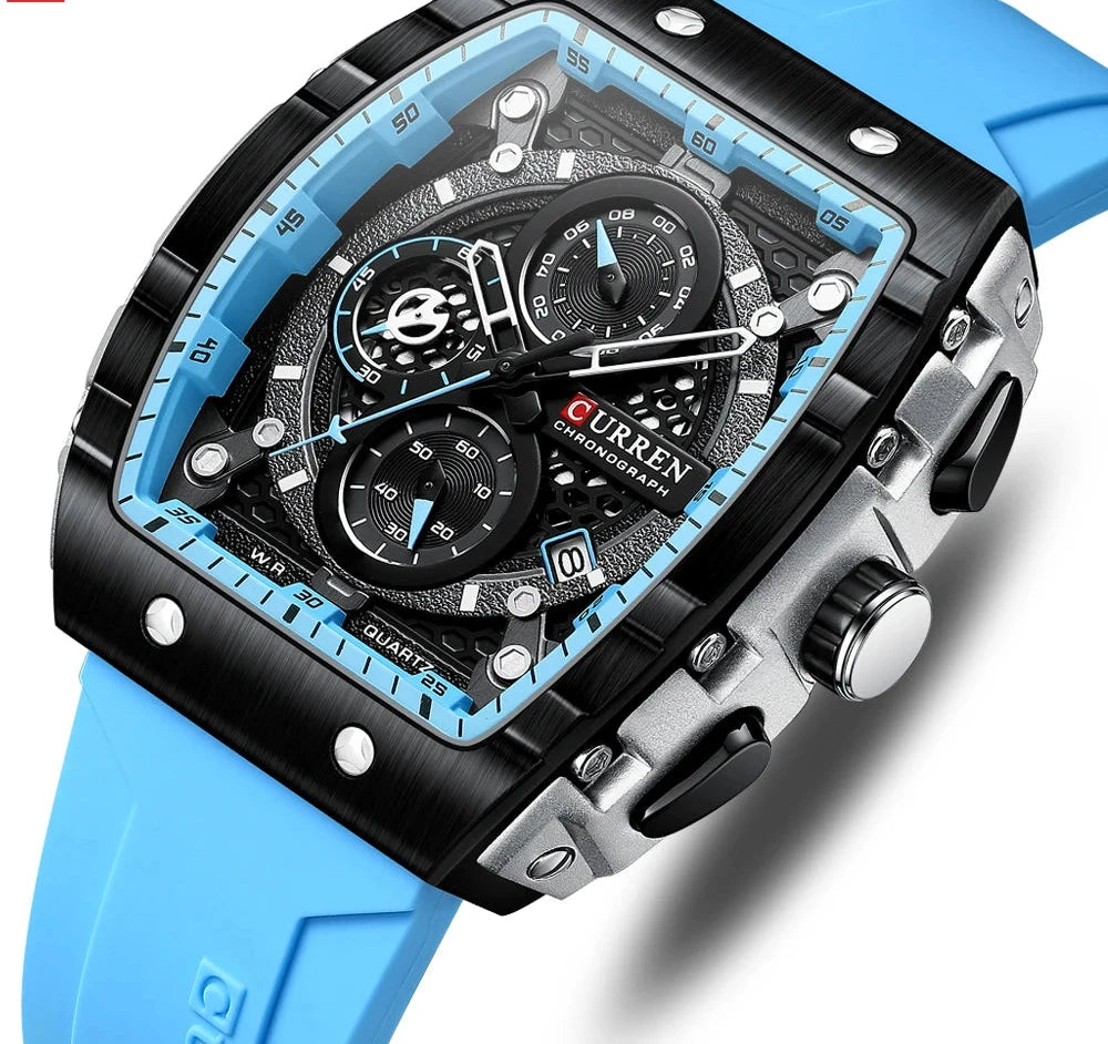 Tonneau Dial Sport Watch - Waterproof Quartz with Auto Date & Yellow Silicone Strap