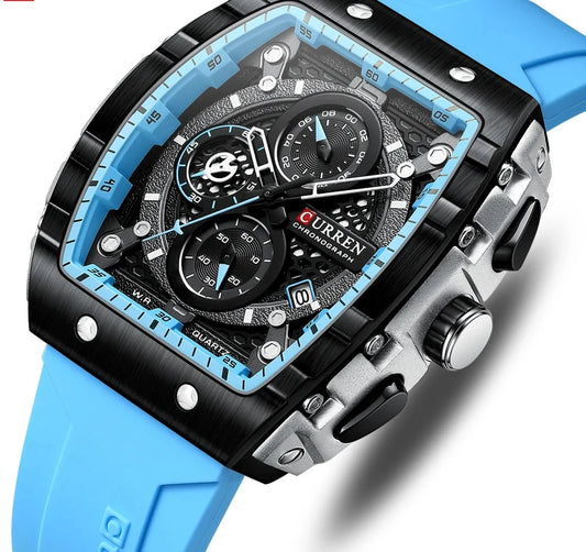 Tonneau Dial Sport Watch - Waterproof Quartz with Auto Date & Yellow Silicone Strap