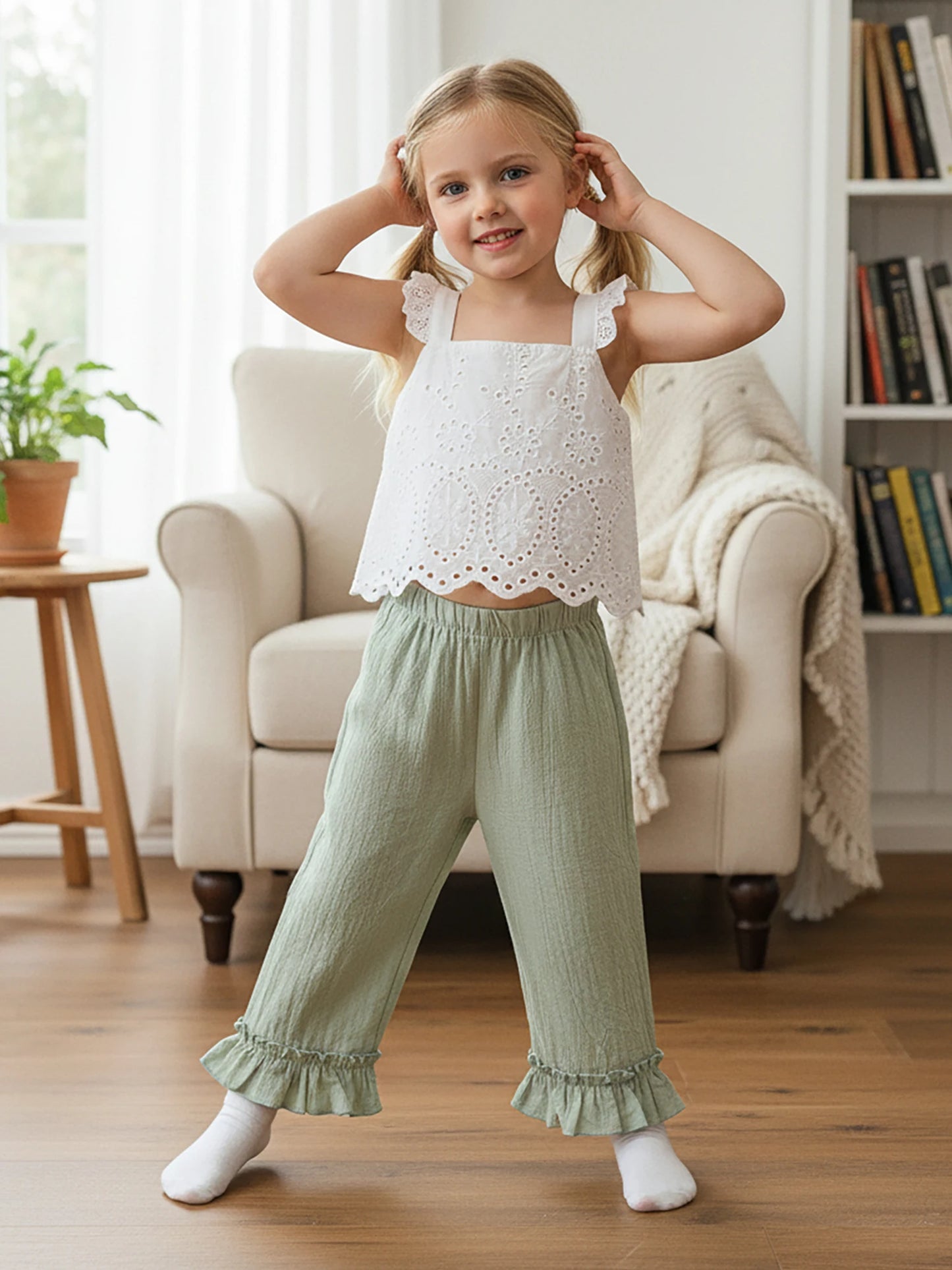 Girls Spring Outfit Set - Lace Ruffle Sleeveless Top & Wide Leg Pants (2-7Y)