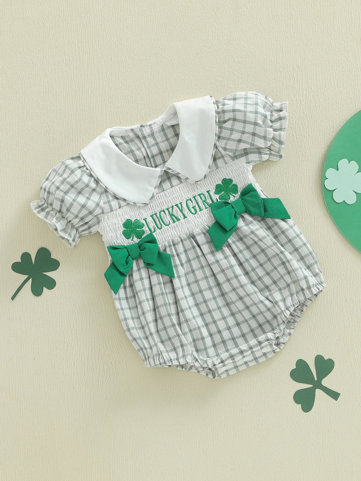 Newborn Baby Girls Boys Irish Plaid Clover Embroidered Short Sleeve Doll Collar Romper