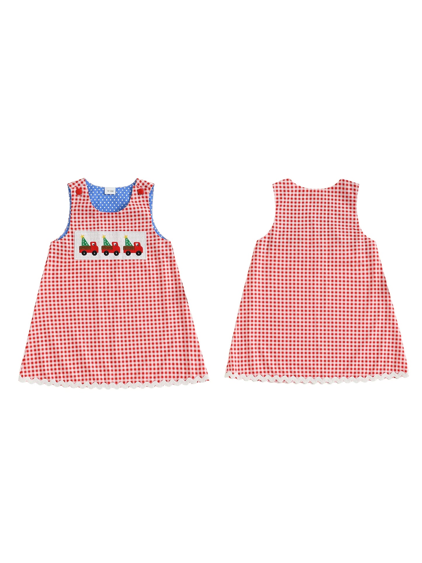 Girls' Christmas Tank Dress - Sleeveless Plaid Dress with Embroidered Tree Design