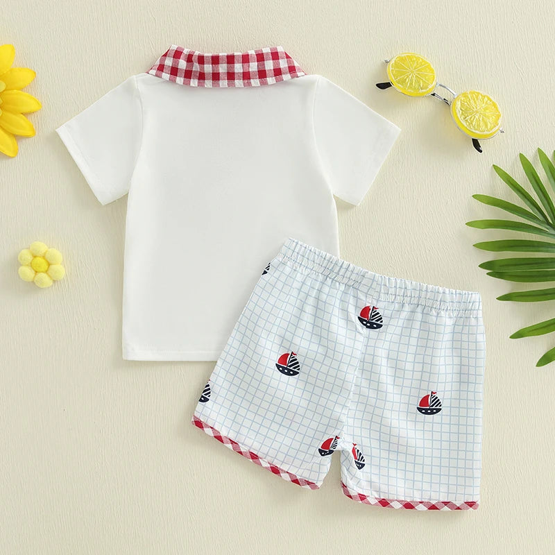 Baby Boys' Independence Day Outfit Set - Plaid Short Sleeve Shirt & Sailboat Shorts
