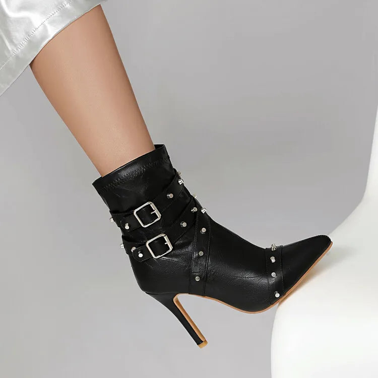 Women's Rivet Belt Buckle 10cm High Heel Short Pointed Side Zipper Leather Ankle Boots