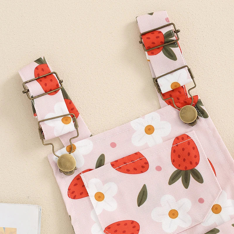 Kids Girls Overalls Shorts 0-6Y Sleeveless Straps Strawberry/Flower Print Denim Button Pocket Jumpsuit