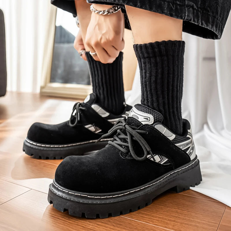 Men's Platform Suede Sneakers - Lace-Up Casual Outdoor Shoes