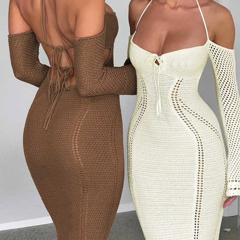 Women's Off Shoulder Halter Knit Dress - Long Sleeve Elegant Backless Tie Front Maxi Dress