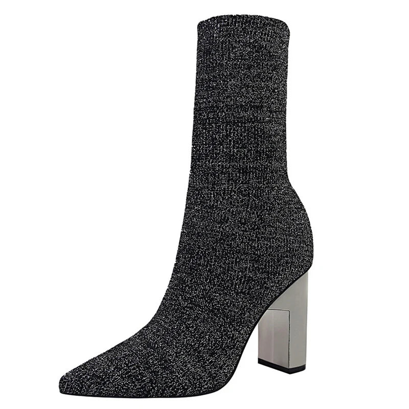 Women's Elastic Sock Boots - Metal Block Heel Ankle Boots Plus Size Available