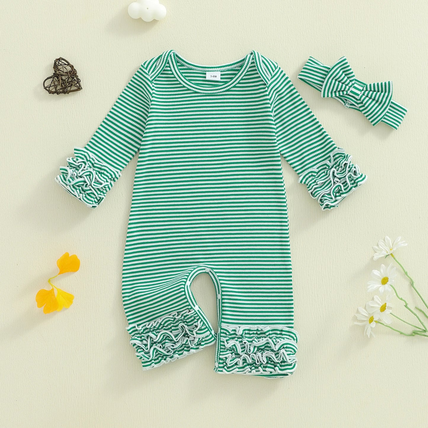 Baby Girls Striped Romper Outfit - Long Sleeve Full Length Jumpsuit with Bow Headband (0-18M)