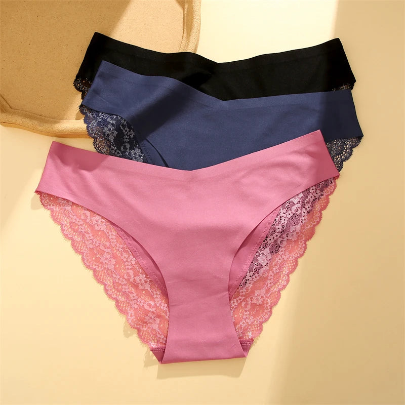 Women's 2Pcs Seamless Stretch Underwear Lace Floral Panties Recycled Materials Breathable Briefs Low Waist Comfort Lingerie