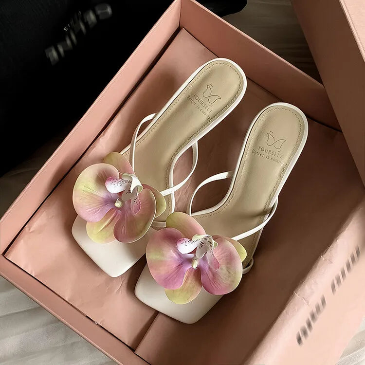 Women's 3D Flower Beach Slippers - Square Toe Heel Sandals