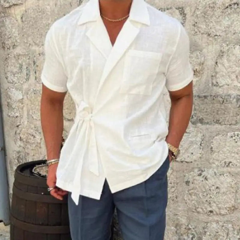 Men's Lapel Short Sleeve Lace Up Cotton Shirt