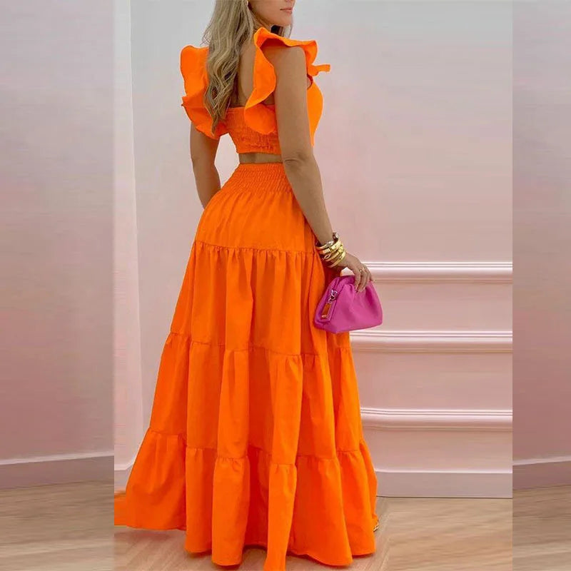 Women's Square Collar Flying Sleeve Ruched Crop Top & A-Line Ankle Skirt Set