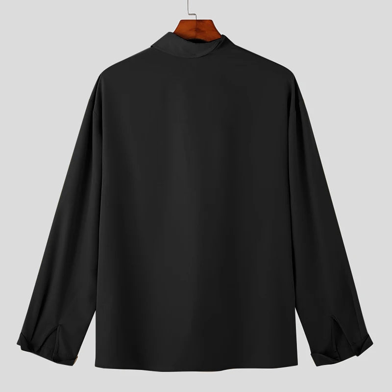 Men's Irregular Shirt Solid Colour Stand Collar Loose Long Sleeve Shirt