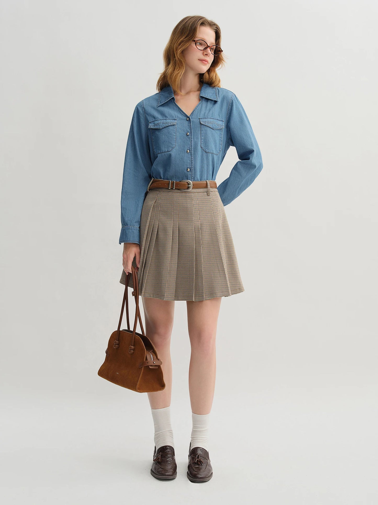 Blue Plaid Shirt & Navy Skirt Set - Long Sleeve Two-Piece