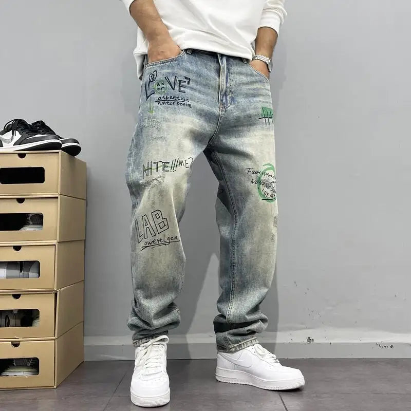 Men's Retro Print Straight Jeans - Loose Fit Hip-Hop