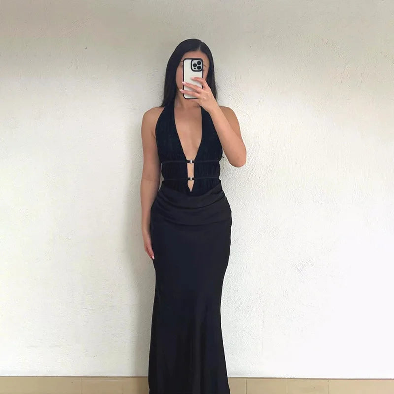 Women's Halter Draped Maxi Cocktail Party Satin Deep V Backless Long Dress