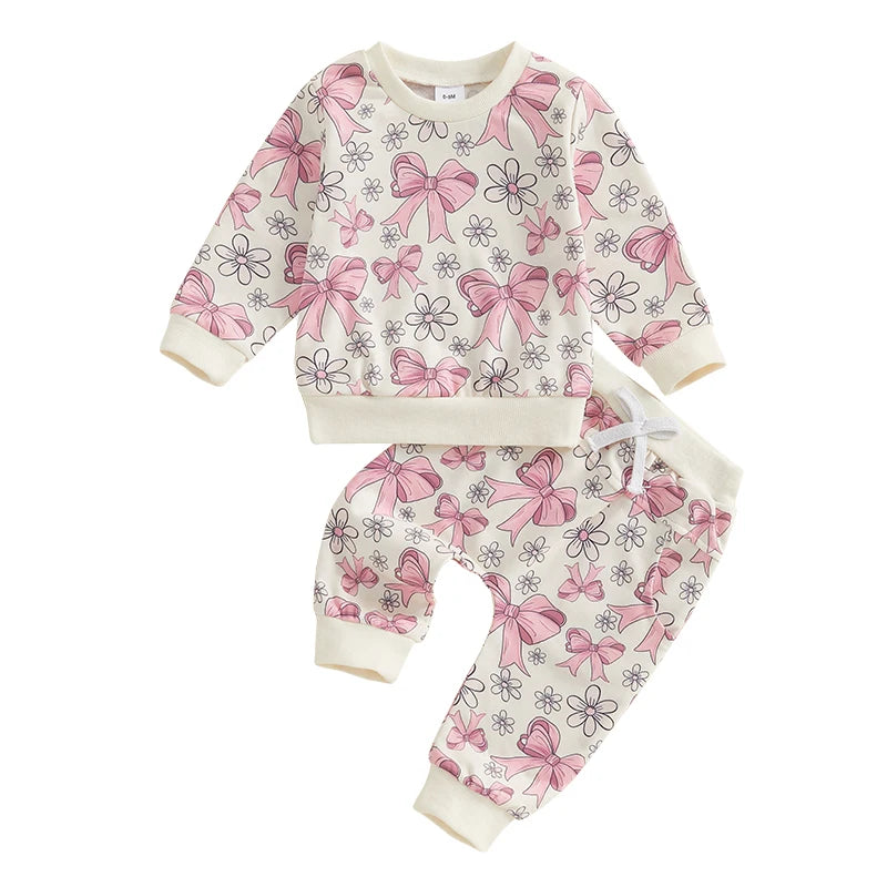 0-3Y Toddler Baby Girls Fall Clothes Sets 2pcs Bow Flower Print Long Sleeve Sweatshirt Elastic Waist Pants