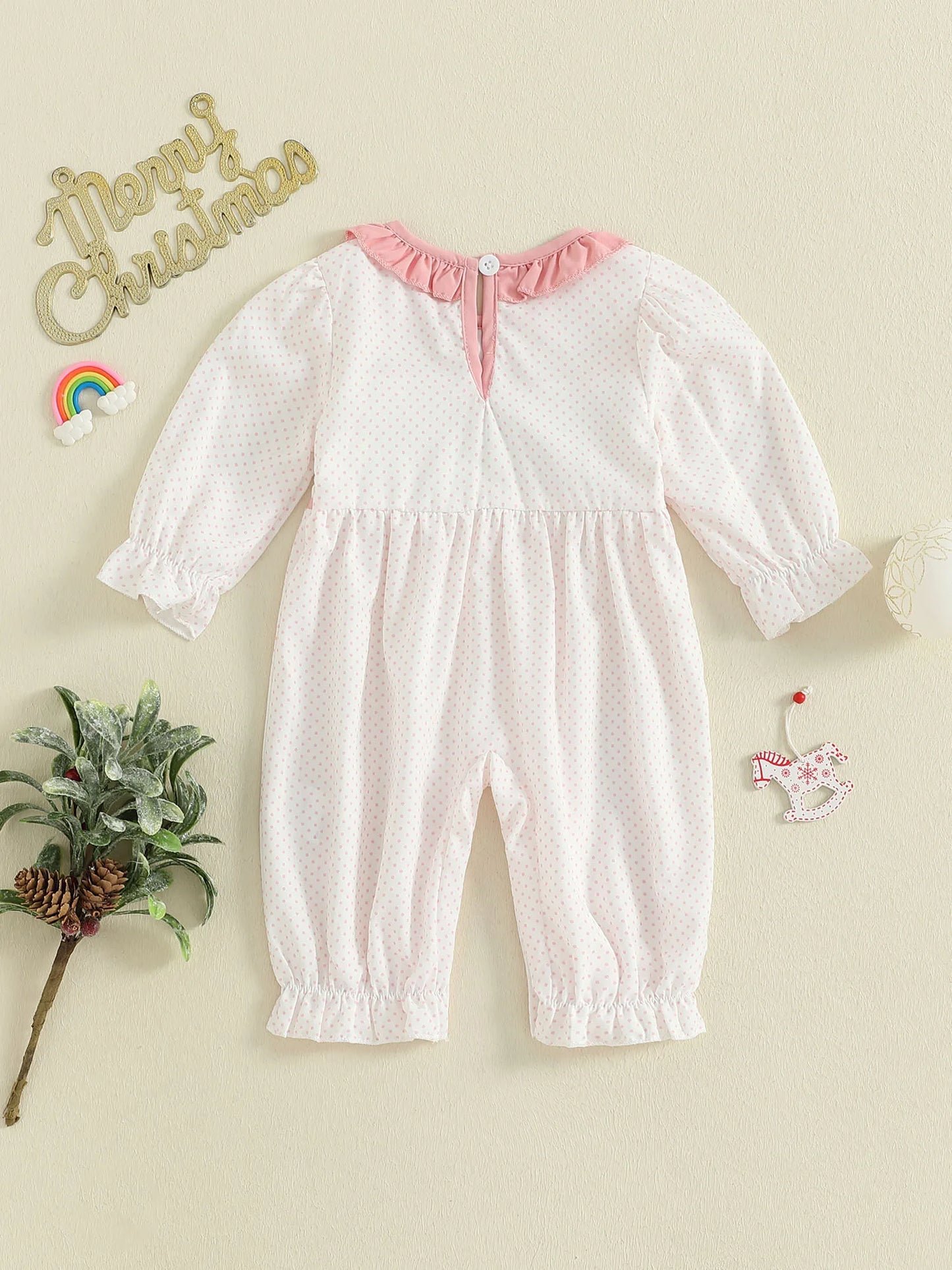 Baby Girls' Christmas Romper - Santa & Gingerbread Embroidery Smocked Long Sleeve Jumpsuit