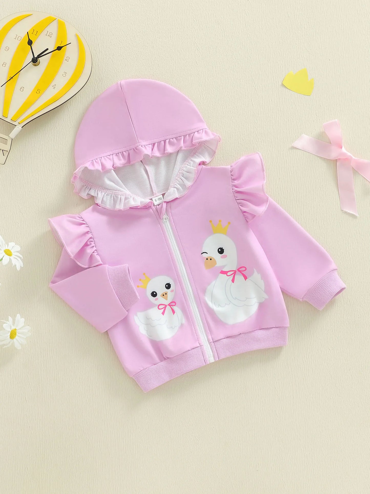 Toddler Girls Hooded Jacket - Goose Print Long Sleeve Coat