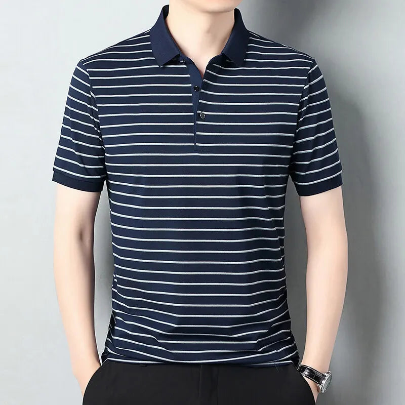 Men's Summer Striped Turn Down Collar Short Sleeve Smart Casual Wrinkle Free T-Shirt