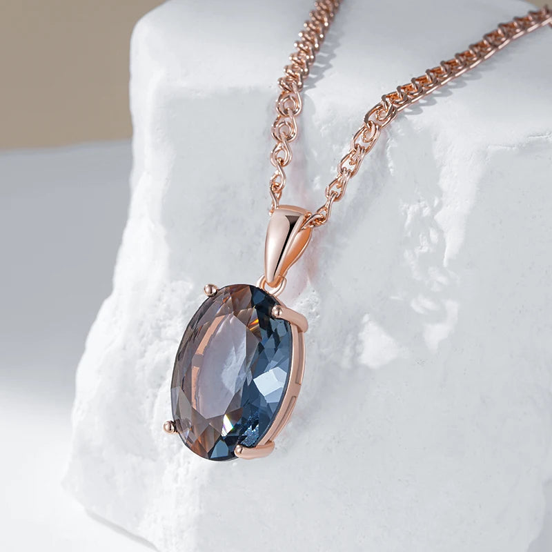 Women's Oval Grey Crystal Pendant Necklace  585 Rose Gold Colour With Natural Zircon