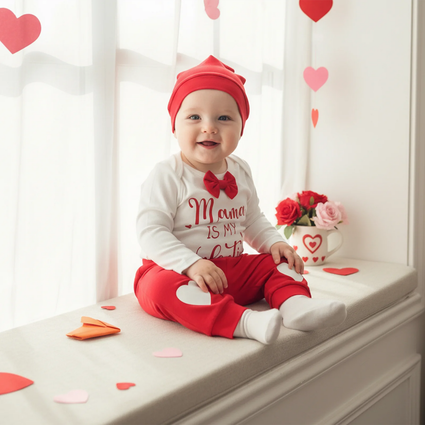 Valentine's Day Baby Boy 3-Piece Outfit Set - Heart Print Romper, Pants & Hat