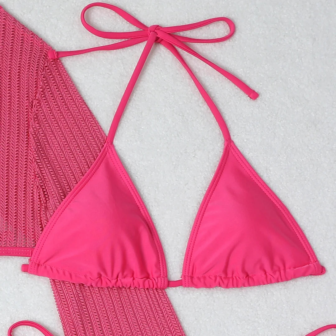 Women's Halter Bikini Set with Long Sleeve Cover-Up | Three-Piece Wire-Free Padded Swimwear