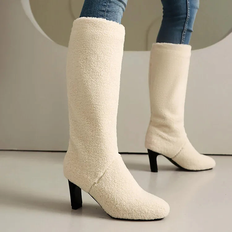 Faux Fur Lined Knee High Boots - 7cm Square Heel Winter Boots