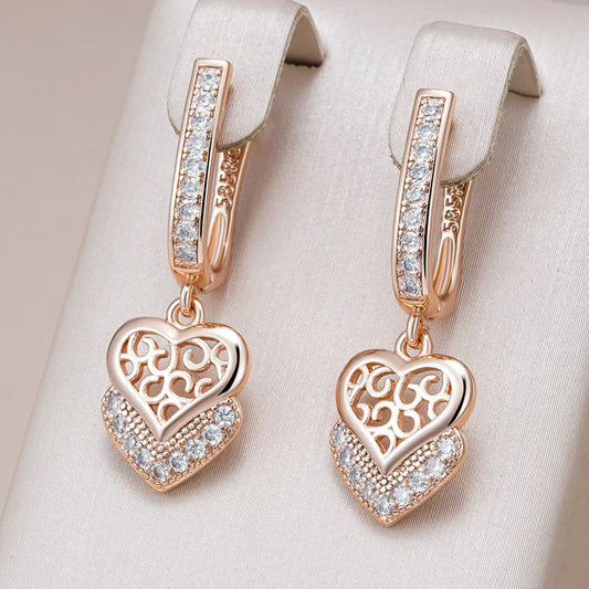 Women's Glossy Metal Natural Zircon 585 Rose Gold Color Geometry Long Earrings