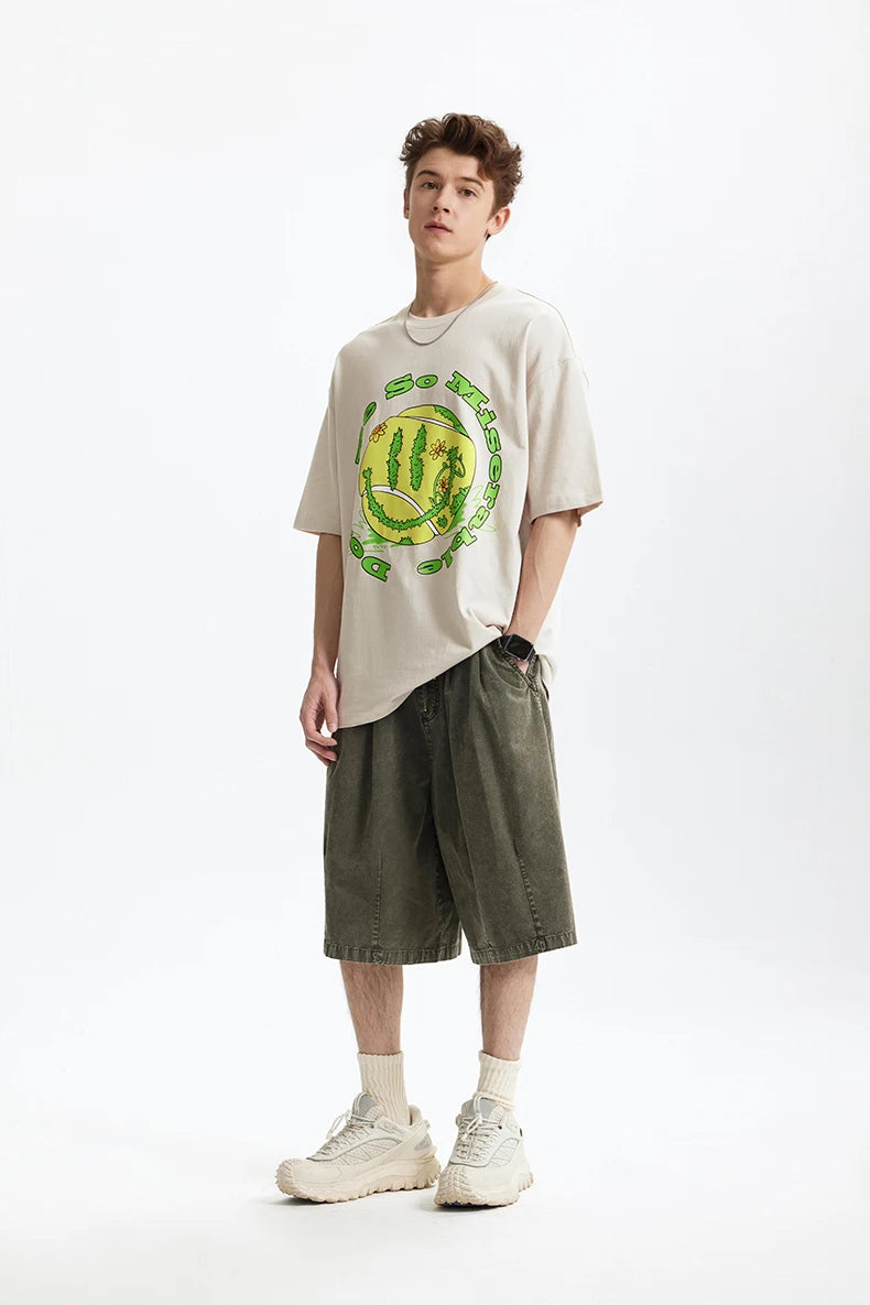 Men's Tennis Graphic Cotton T-Shirt American Vintage Tee Streetwear Loose Fit Crew Neck Short Sleeve