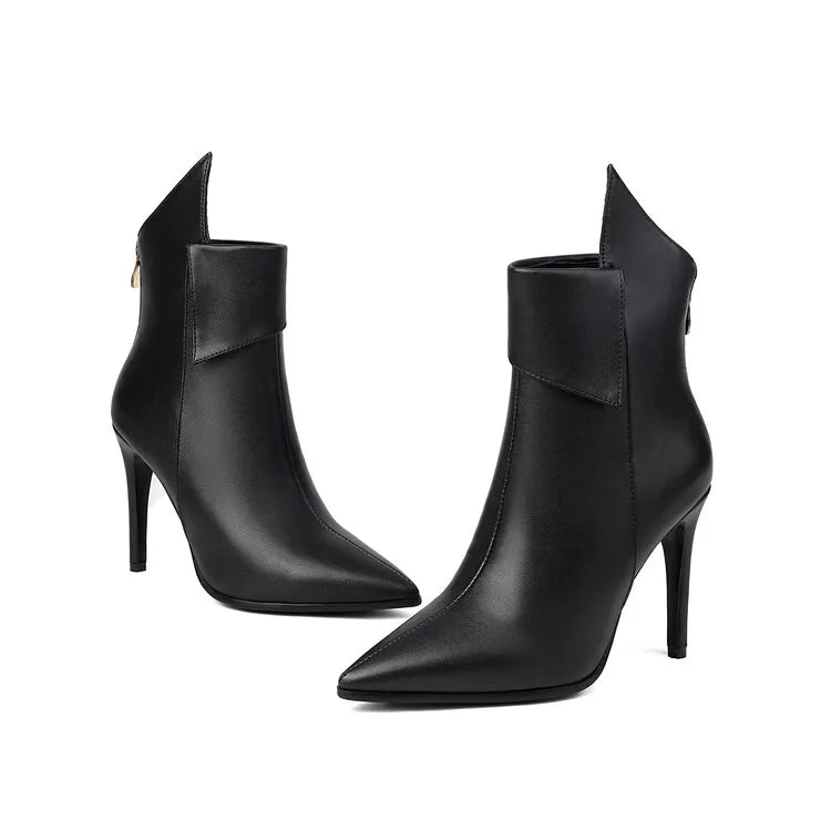 Women's Irregular Design Leather 10cm High-heeled Pointed Back Zipper Short Plush Ankle Boots